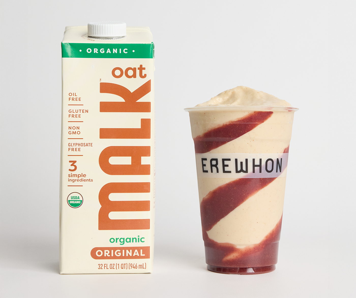 MALK Oat Milk Original shelf-stable organic oat milk next to Christina Aguilera’s Favorite Things Smoothie in an Erewhon cup.