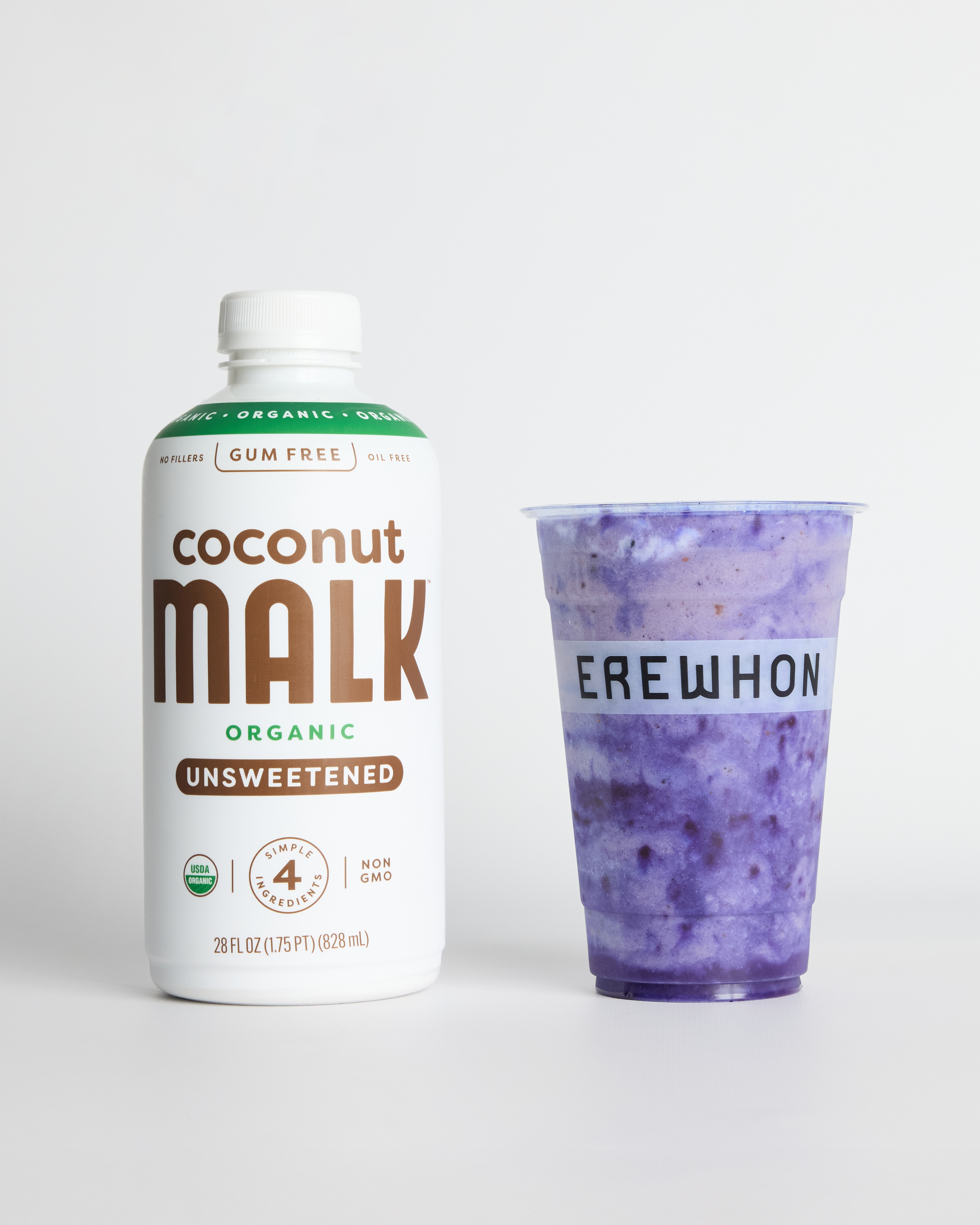 MALK Organic Unsweetened Coconut Milk next to Erewhon Westside Whimsy smoothie in collaboration with Jhené Aiko