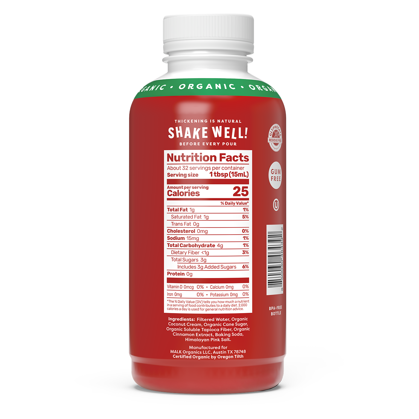 MALK Cinnamon Coconut Creamer Side of Bottle with Nutrition Label