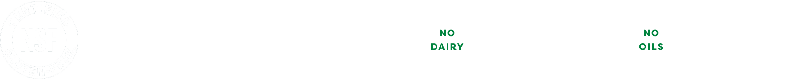 A series of icons that explain what is not ever included in MALK: NSF gluten free certified, USDA Organic, Glyphosate Residue Free, No gluten, No Dairy, No fillers, No Oils, No Gums