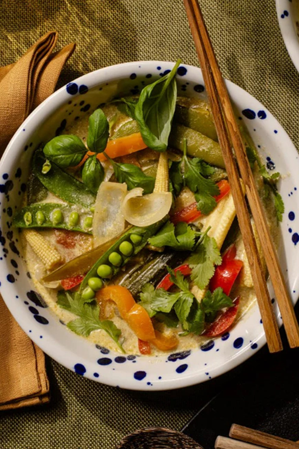 Bowl of Quick Vegan Vegetable Green Curry Soup made with Organic Coconut MALK