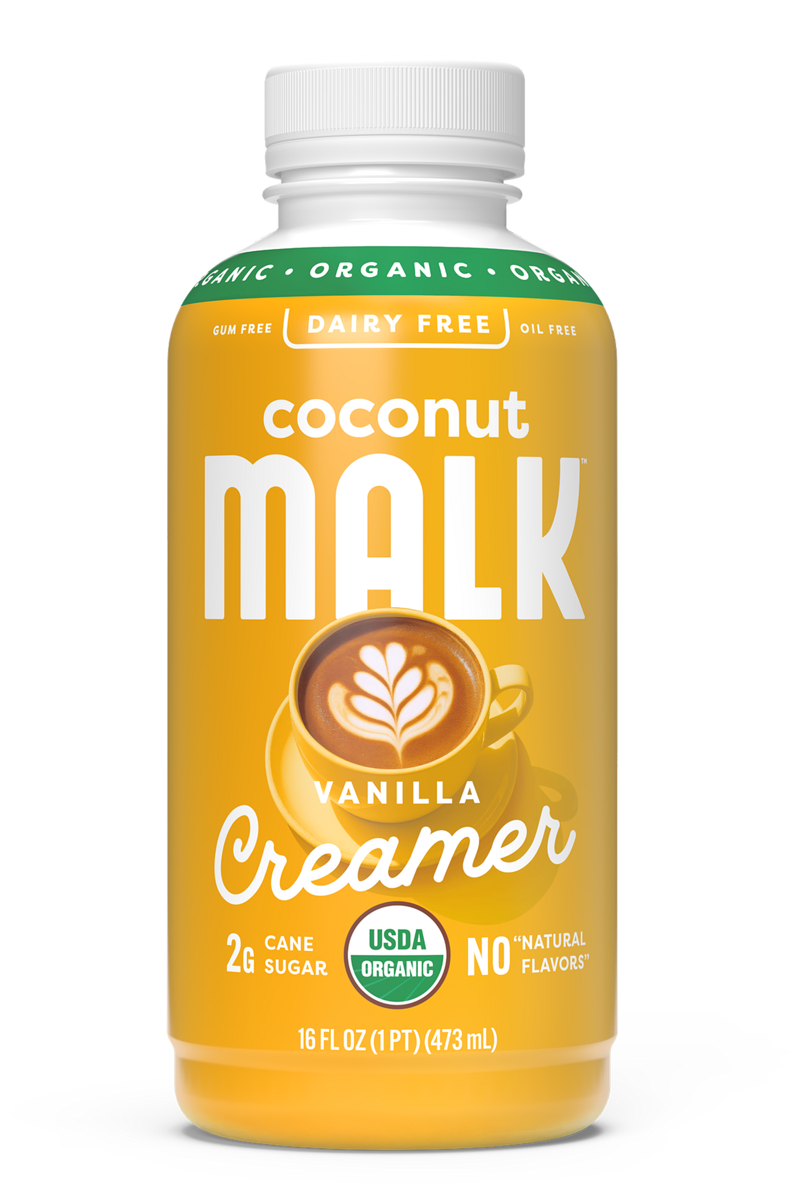 MALK Organic Vanilla Coconut Creamer bottle, dairy-free plant-based coffee creamer with coconut milk, USDA organic, gum-free and oil-free.